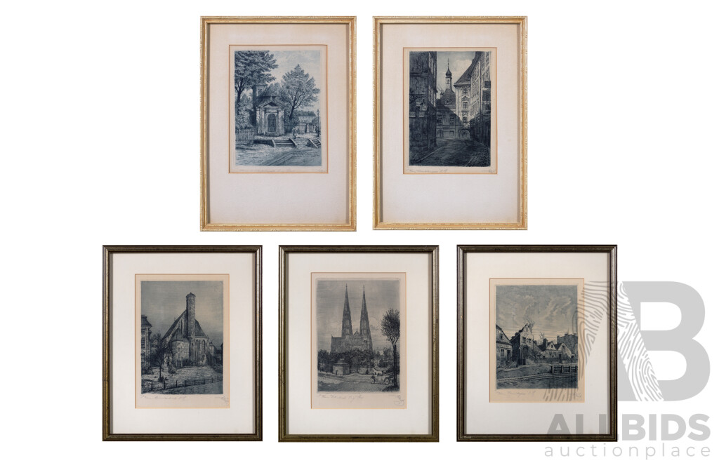 Collection of Five Lovely Vintage Etchings Featuring Various Scenes of Vienna, All Signed (Indistinctly) and Titled,  37.5 x 27 cm (larger Frames) (5)