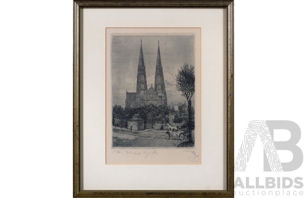 Collection of Five Lovely Vintage Etchings Featuring Various Scenes of Vienna, All Signed (Indistinctly) and Titled,  37.5 x 27 cm (larger Frames) (5)