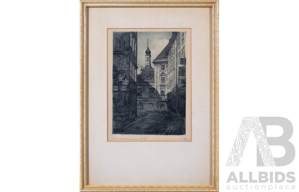 Collection of Five Lovely Vintage Etchings Featuring Various Scenes of Vienna, All Signed (Indistinctly) and Titled,  37.5 x 27 cm (larger Frames) (5)