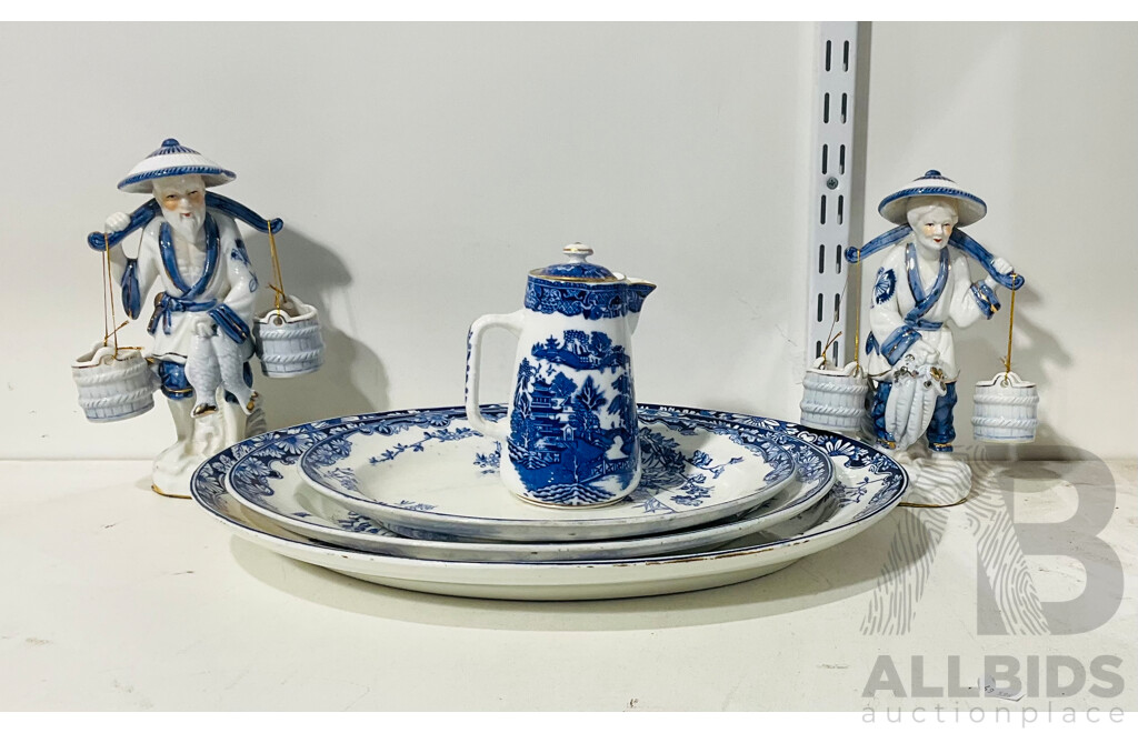 Collection of Vintage Asian Inspired Porcelain Including Platters, Pair of Statues and Small Jug