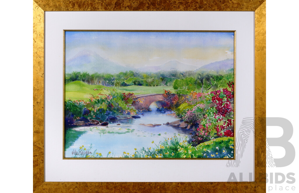 Alex Reardon, (Born in UK, Immigrated to Australia 1969-), Bridge Over Tranquil River, Watercolour, 66 x 80 cm (frame)