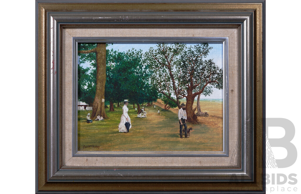 Gus McAulay, (20th Century, Australian, Working c1980s), Cairns Esplanade in the 1900s, Oil on Canvas Board, 28 x 33 cm (frame)