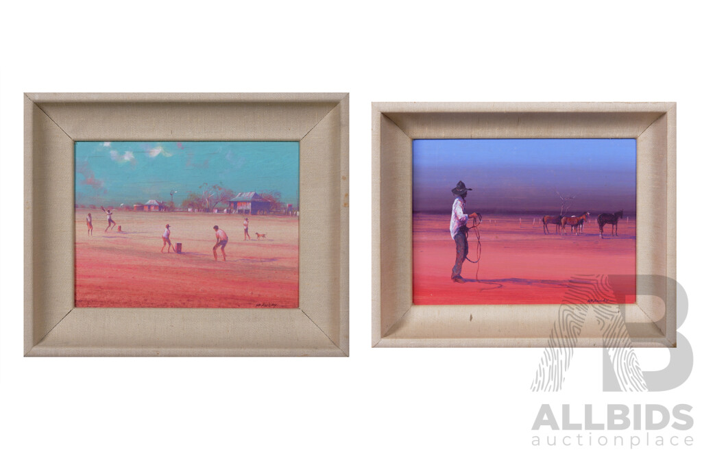 Gus McAulay, (Australian, Working c1980s), Wednesday Cricket, Urandangie & Horse Trainer, Wonderful Pair of Oil on Cuban Cigar Box Panels, 23 x 29 cm (larger) (2)