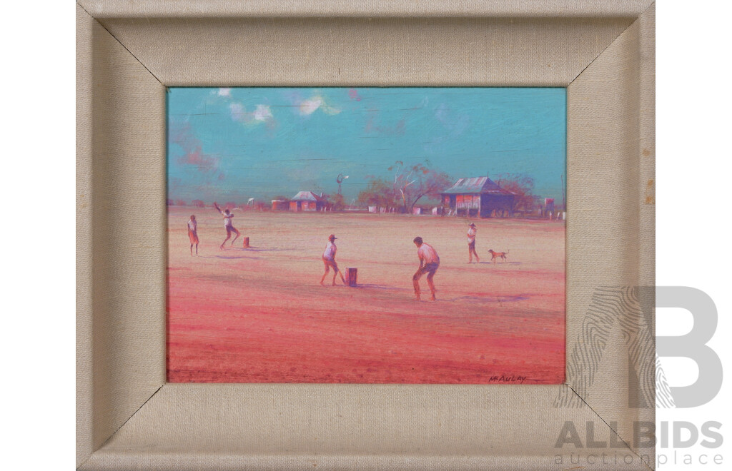 Gus McAulay, (Australian, Working c1980s), Wednesday Cricket, Urandangie & Horse Trainer, Wonderful Pair of Oil on Cuban Cigar Box Panels, 23 x 29 cm (larger) (2)