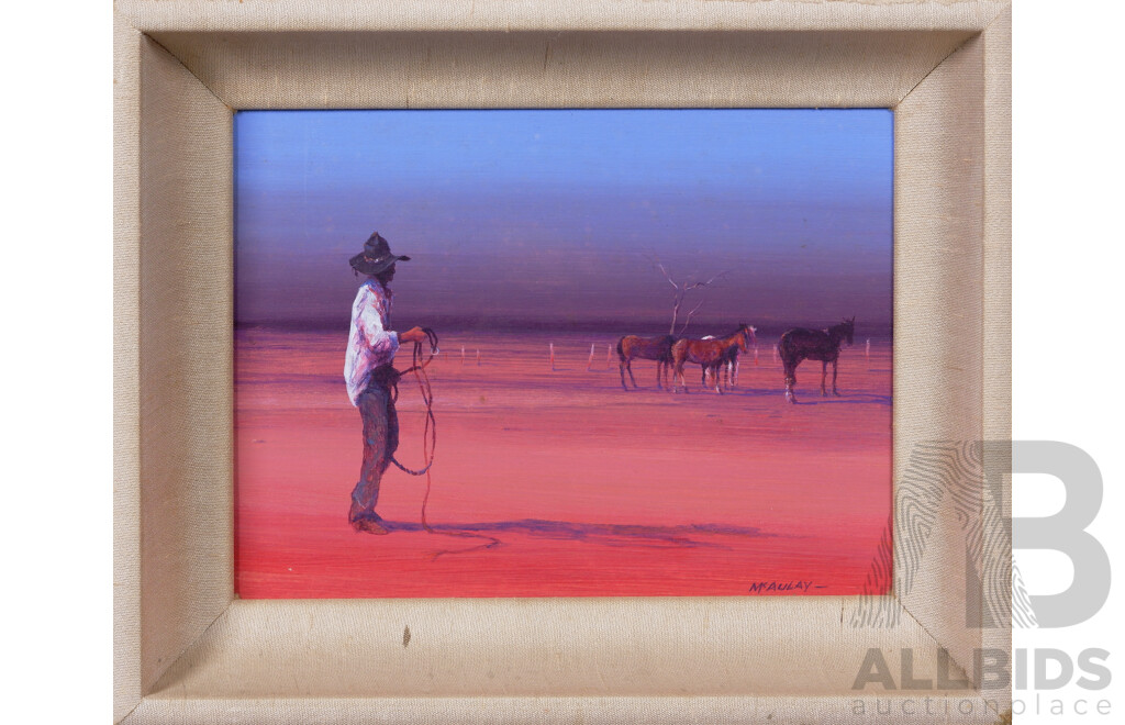 Gus McAulay, (Australian, Working c1980s), Wednesday Cricket, Urandangie & Horse Trainer, Wonderful Pair of Oil on Cuban Cigar Box Panels, 23 x 29 cm (larger) (2)