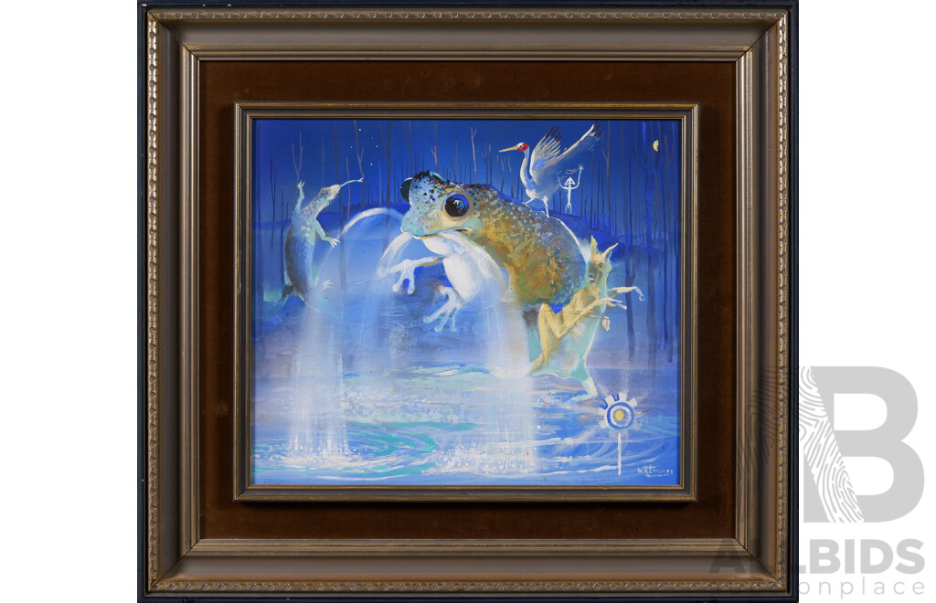 W. R. (Mike) Lyons (20th Century, Australian, 1930-85), Frog Dreamtime [Ttodalick], Oil on Masonite, 49 x 53 cm (frame)