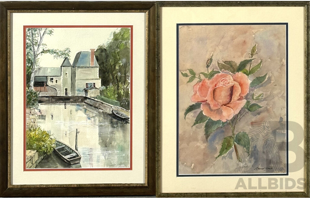 Daniel Keep, (20th Century, Australian), Rose and Azay Le Rideau on Indres, Loire France, Watercolour and Watercolour & Ink, 49.5 x 39.5 cm (larger frame) (2)