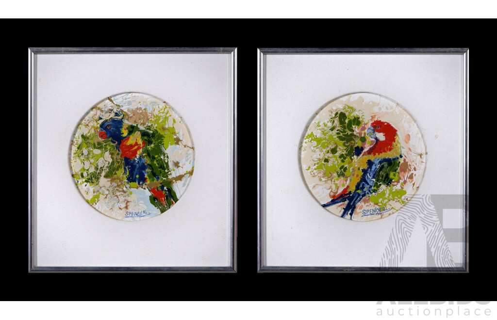 Spencer, (Date Unknown), Rosella and Lorikeet, Pair of Unique Framed Acrylic and Mixed Media on Canvas Board, 29.5 x 28 cm (frames) (2)