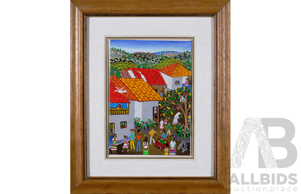 Melba Espinosa, (20th Century, Nicaragua, 1940-), Bustling Village Scene - The Watermelon Seller, Acrylic on Board, 17.5 x 12.5 cm (image)