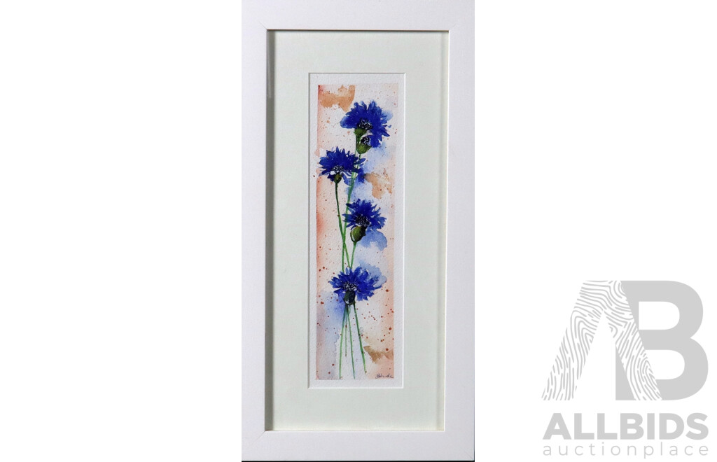 Belinda Muir, (Contemporary, Australian), Selection of Three Lovely Floral Tributes - Blue Cornflowers; Blooming Poppies and Still Life Vase of Flowers; Watercolours and a Coloured Pastel, 53 x 66 cm (largest)