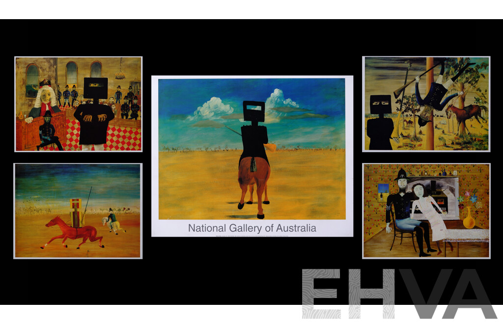 Sidney Nolan (20th Century, Australian, 1917- 1992), Lovely Collection of Five Coloured Reproduction Prints Mounted on Board Featuring Nolan's Ned Kelly Period, Including 'Ned Kelly' (1946) National Gallery of Australia Poster, 46 x 58 cm (largest) (5)