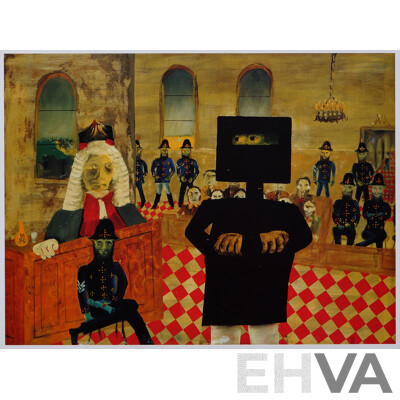 Sidney Nolan (20th Century, Australian, 1917- 1992), Lovely Collection of Five Coloured Reproduction Prints Mounted on Board Featuring Nolan's Ned Kelly Period, Including 'Ned Kelly' (1946) National Gallery of Australia Poster, 46 x 58 cm (largest) (5)