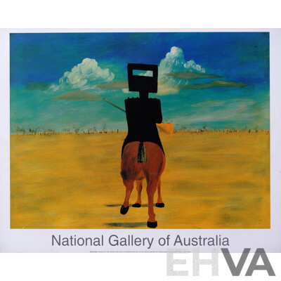 Sidney Nolan (20th Century, Australian, 1917- 1992), Lovely Collection of Five Coloured Reproduction Prints Mounted on Board Featuring Nolan's Ned Kelly Period, Including 'Ned Kelly' (1946) National Gallery of Australia Poster, 46 x 58 cm (largest) (5)