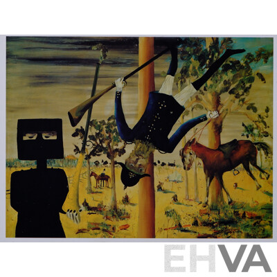 Sidney Nolan (20th Century, Australian, 1917- 1992), Lovely Collection of Five Coloured Reproduction Prints Mounted on Board Featuring Nolan's Ned Kelly Period, Including 'Ned Kelly' (1946) National Gallery of Australia Poster, 46 x 58 cm (largest) (5)