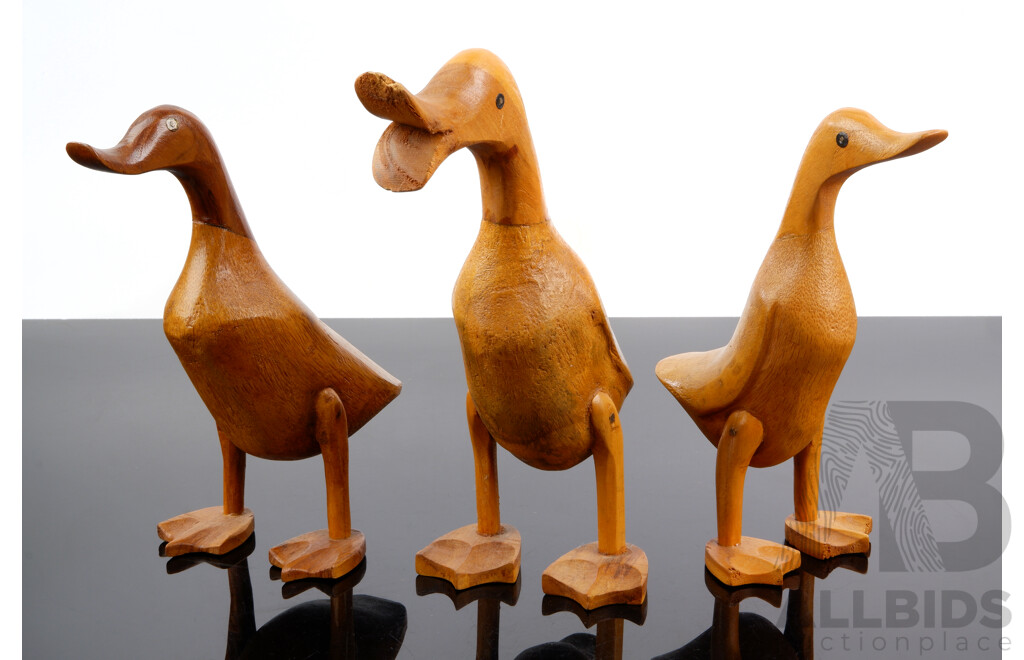 Trio Hand Made Wooden Duck Figures