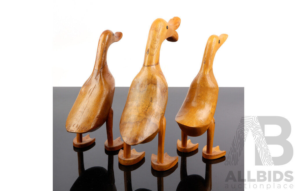 Trio Hand Made Wooden Duck Figures