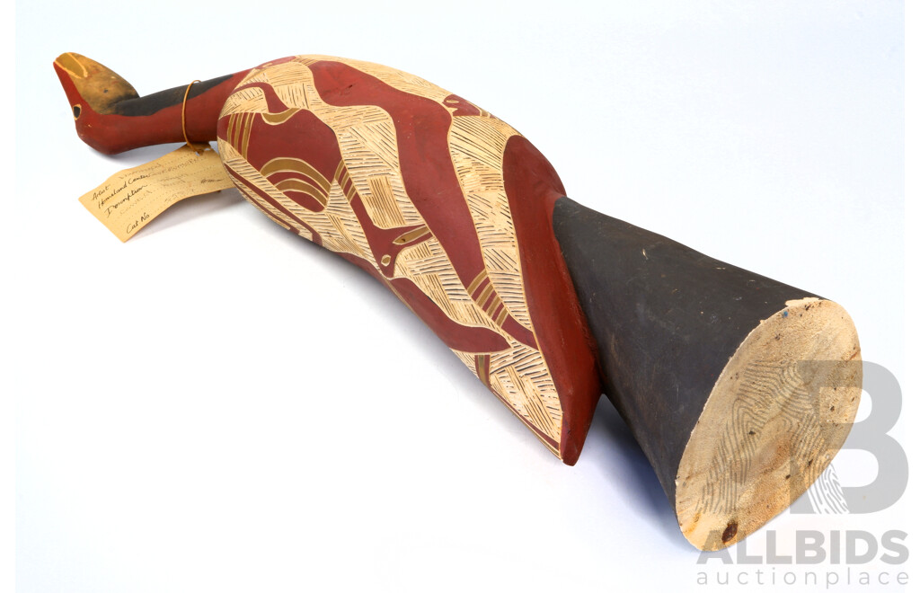 Hand Made Australian Indigenous Carved and Decorated Wayin Bird by Namiyal, Gurrumuru Homeland, Yirrkala NT, with Buku Larrngay Arts and Cultral Center Label