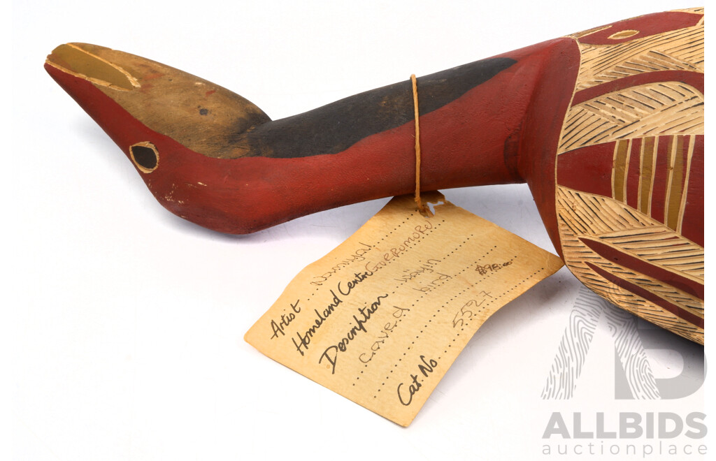 Hand Made Australian Indigenous Carved and Decorated Wayin Bird by Namiyal, Gurrumuru Homeland, Yirrkala NT, with Buku Larrngay Arts and Cultral Center Label