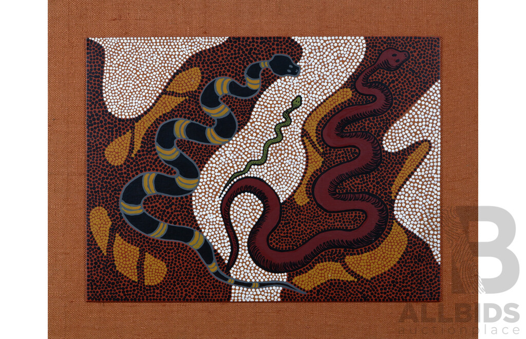 Theo Wendy, (20th Century, Australian-Indigenous), Snakes, Acrylic on Canvas Mounted on Hessian Covered Board, 75 x 59 cm (in entirety)