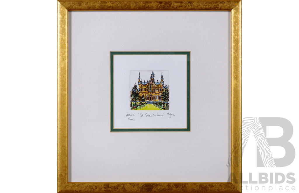 Artist Unknown, St.Stanislaus, Hand Coloured Etching, 24 x 23 cm (frame)