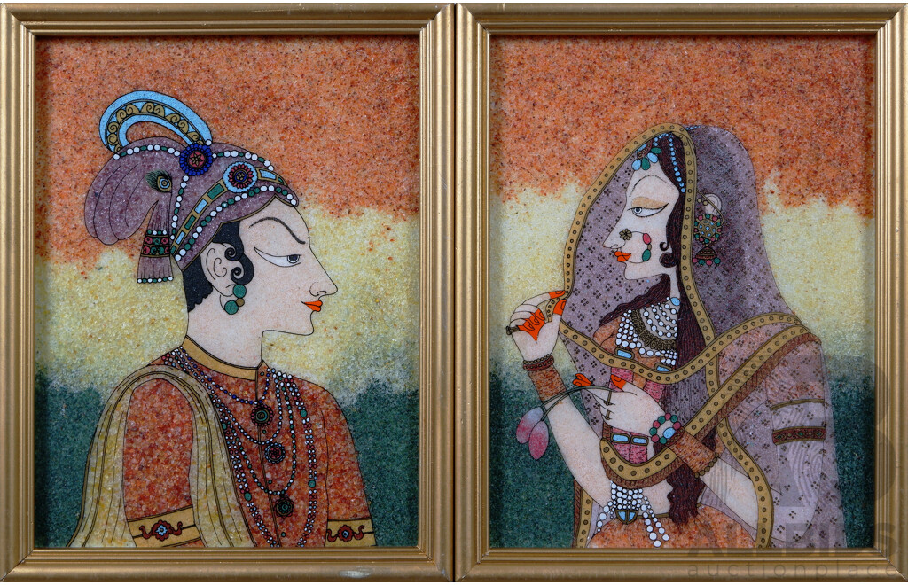 Pair of Unique Indian Miniatures, Lord Krishna and Bani Thani, Reverse Glass Painting in Semi Precious 