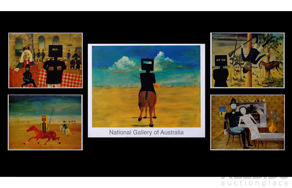 Sidney Nolan (20th Century, Australian, 1917- 1992), Lovely Collection of Five Coloured Reproduction Prints Mounted on Board Featuring Nolan's Ned Kelly Period, Including 'Ned Kelly' (1946) National Gallery of Australia Poster, 46 x 58 cm (largest) (5)