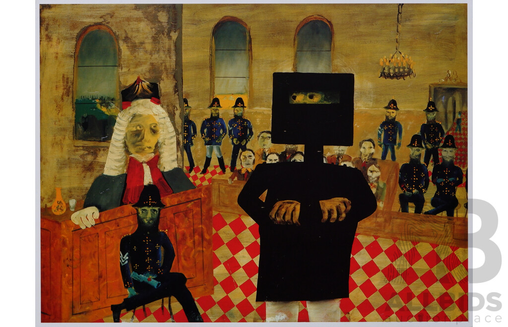 Sidney Nolan (20th Century, Australian, 1917- 1992), Lovely Collection of Five Coloured Reproduction Prints Mounted on Board Featuring Nolan's Ned Kelly Period, Including 'Ned Kelly' (1946) National Gallery of Australia Poster, 46 x 58 cm (largest) (5)