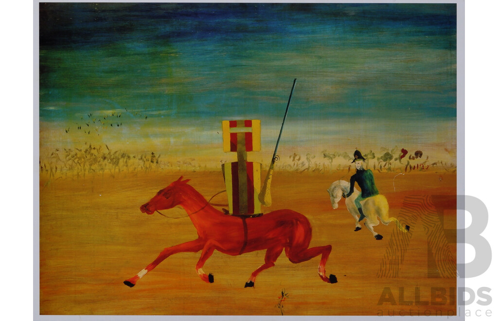 Sidney Nolan (20th Century, Australian, 1917- 1992), Lovely Collection of Five Coloured Reproduction Prints Mounted on Board Featuring Nolan's Ned Kelly Period, Including 'Ned Kelly' (1946) National Gallery of Australia Poster, 46 x 58 cm (largest) (5)