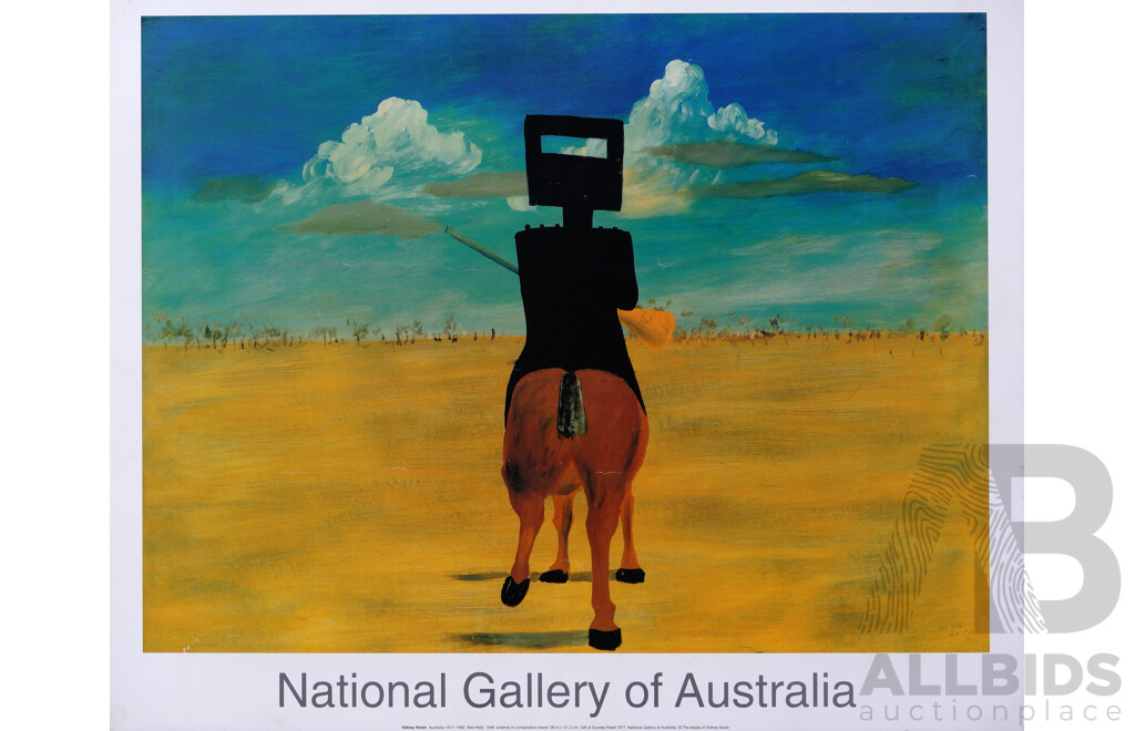 Sidney Nolan (20th Century, Australian, 1917- 1992), Lovely Collection of Five Coloured Reproduction Prints Mounted on Board Featuring Nolan's Ned Kelly Period, Including 'Ned Kelly' (1946) National Gallery of Australia Poster, 46 x 58 cm (largest) (5)