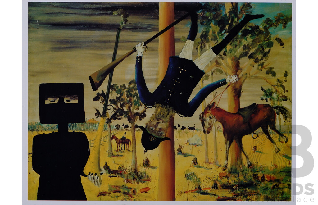 Sidney Nolan (20th Century, Australian, 1917- 1992), Lovely Collection of Five Coloured Reproduction Prints Mounted on Board Featuring Nolan's Ned Kelly Period, Including 'Ned Kelly' (1946) National Gallery of Australia Poster, 46 x 58 cm (largest) (5)