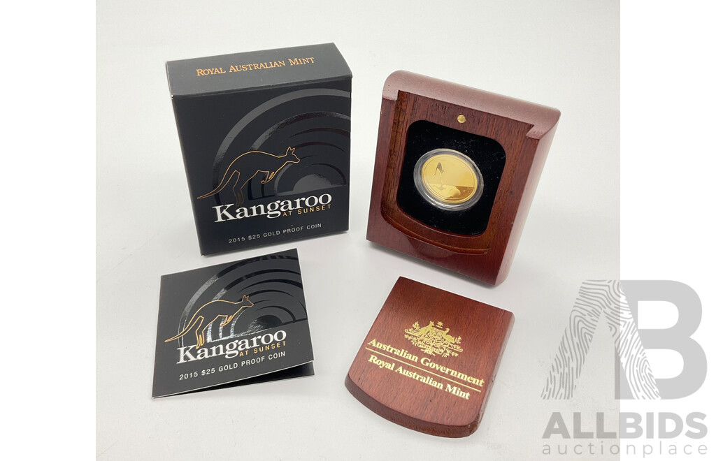 Australian RAM 2015 Gold Twenty Five Dollar Proof Coin, Kangaroo at Sunset .9999