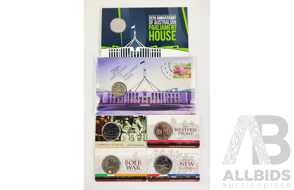 Australian RAM Commemorative Coins Including Fifty Cents 2012 Kokoda, 70th Anniversary, 2014 Australians at War, German New Guinea, Boer War, Western Front, Twenty Cents 2013 Twenty Fiftieth Parliament House and PNC