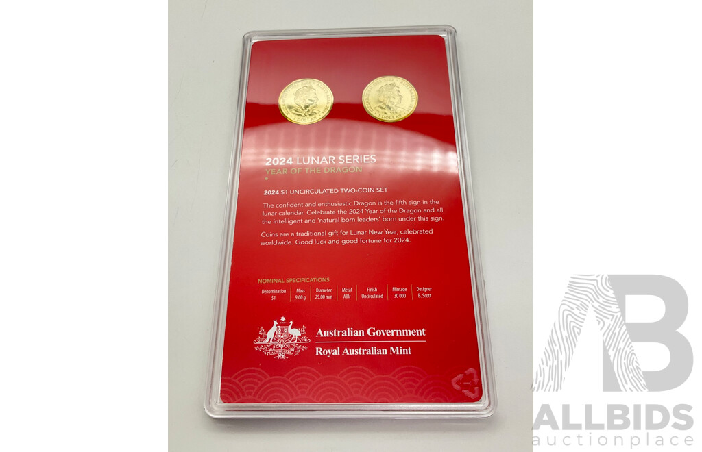 Australian RAM 2024 Commemorative One Dollar Coins, Luna Series, Year of the Dragon