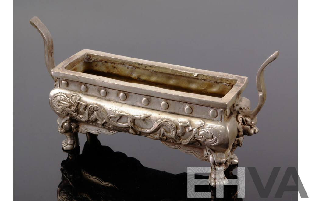 Vintage Asian White Metal Incense Burner Trough with Dragon Motif to Sides