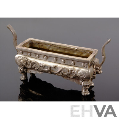 Vintage Asian White Metal Incense Burner Trough with Dragon Motif to Sides