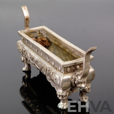 Vintage Asian White Metal Incense Burner Trough with Dragon Motif to Sides