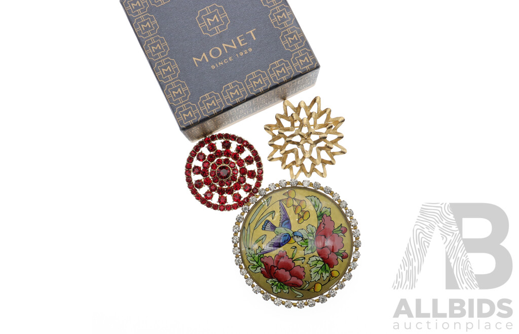 Vintage Monet Brooch with Red Paste Stones and Monet Gold Tone Mandala Brooch, Large Enamel Paste Stone Pendant with Bird