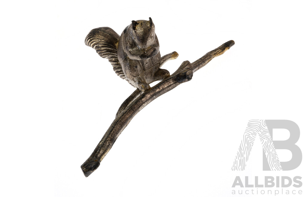 Squirrel on Branch, Silver Tone Cast Sculpture, 55mm X 140mm, 136 Grams