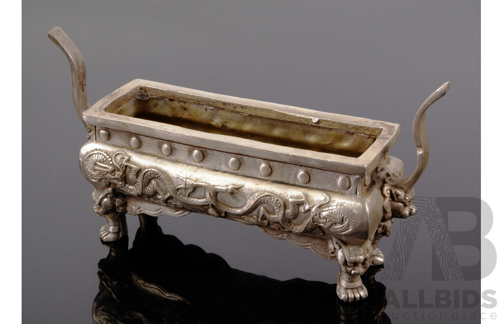 Vintage Asian White Metal Incense Burner Trough with Dragon Motif to Sides