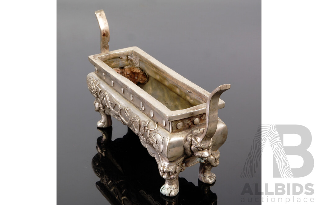 Vintage Asian White Metal Incense Burner Trough with Dragon Motif to Sides