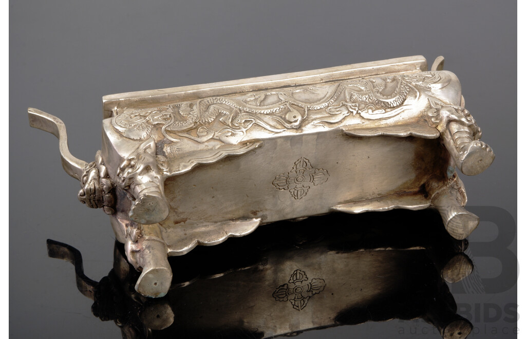 Vintage Asian White Metal Incense Burner Trough with Dragon Motif to Sides