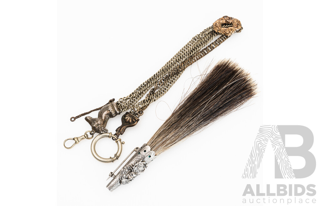 Antique Victorian Sterling Silver Albertina Fob Watch Chain with Slider and Ornate Deer Head, 34.0 Grams with Vintage Horse Hair Pin with Deer Detail