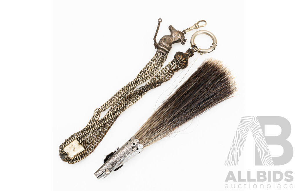 Antique Victorian Sterling Silver Albertina Fob Watch Chain with Slider and Ornate Deer Head, 34.0 Grams with Vintage Horse Hair Pin with Deer Detail