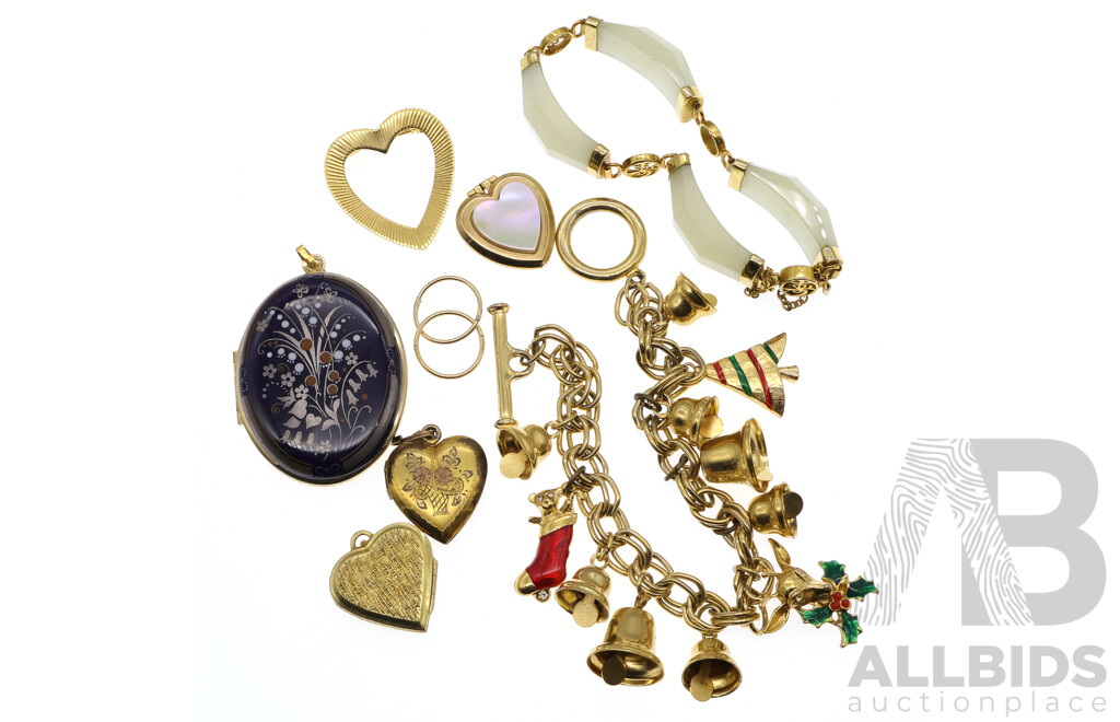 Collection of Vintage Gold Plated Jewellery Including 1/20 12K GF Heart Shaped Locket and Jade Bracelet