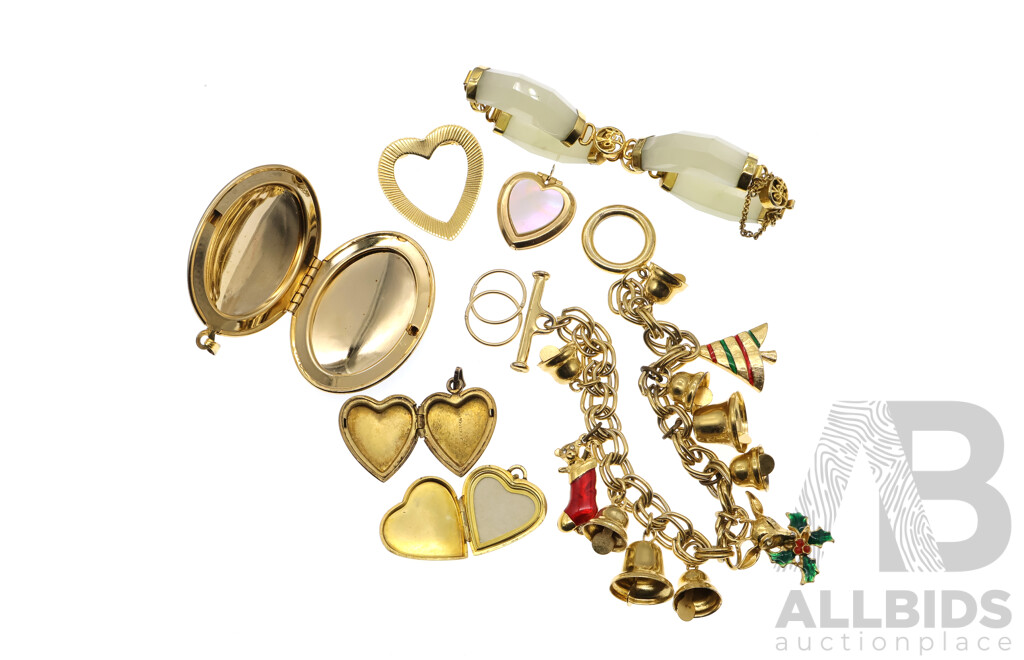 Collection of Vintage Gold Plated Jewellery Including 1/20 12K GF Heart Shaped Locket and Jade Bracelet