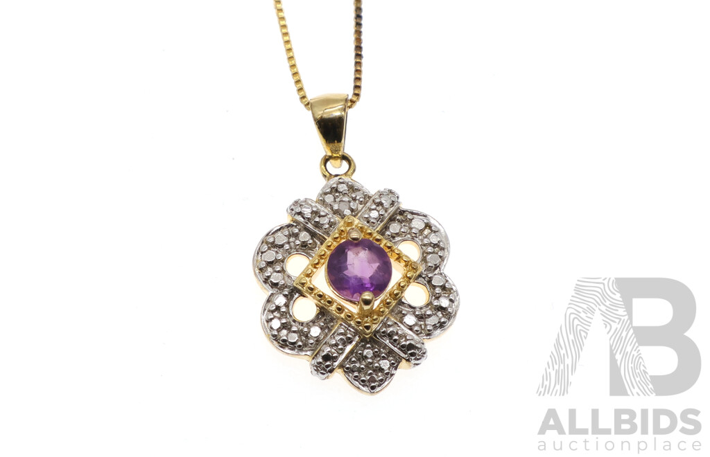 18ct Gold Plated Sterling Silver Amethyst & Diamond Set Pendant on Chain, TDW0.005ct, 4.49grams