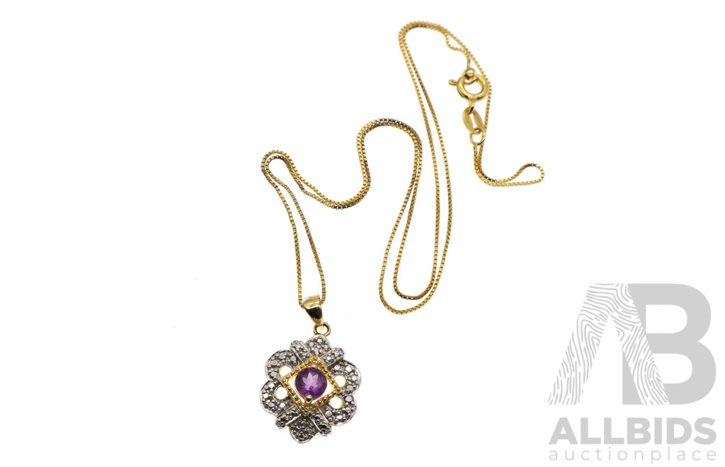 18ct Gold Plated Sterling Silver Amethyst & Diamond Set Pendant on Chain, TDW0.005ct, 4.49grams