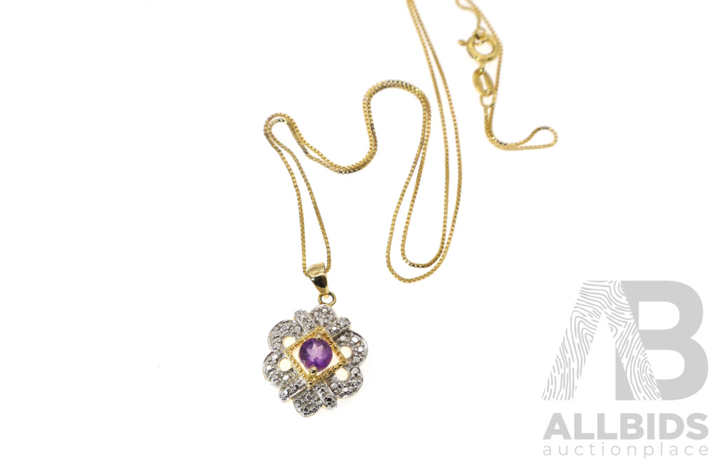 18ct Gold Plated Sterling Silver Amethyst & Diamond Set Pendant on Chain, TDW0.005ct, 4.49grams