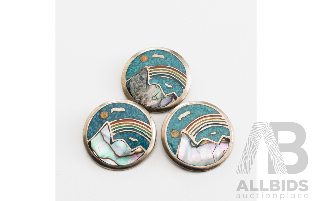 Sterling Silver Taxco Mosaic (3) Pendants with Inlaid Turquoise and Mother of Pearl, 23mm Diameter, 20.68 Grams