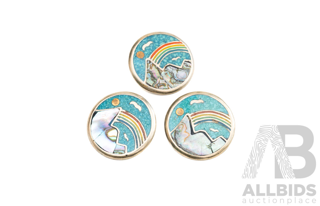 Sterling Silver Taxco Mosaic (3) Pendants with Inlaid Turquoise and Mother of Pearl, 23mm Diameter, 20.68 Grams